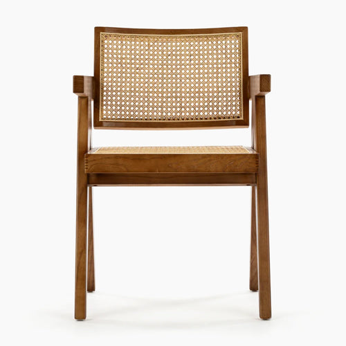 Wooden chair with wicker backrest on a white background