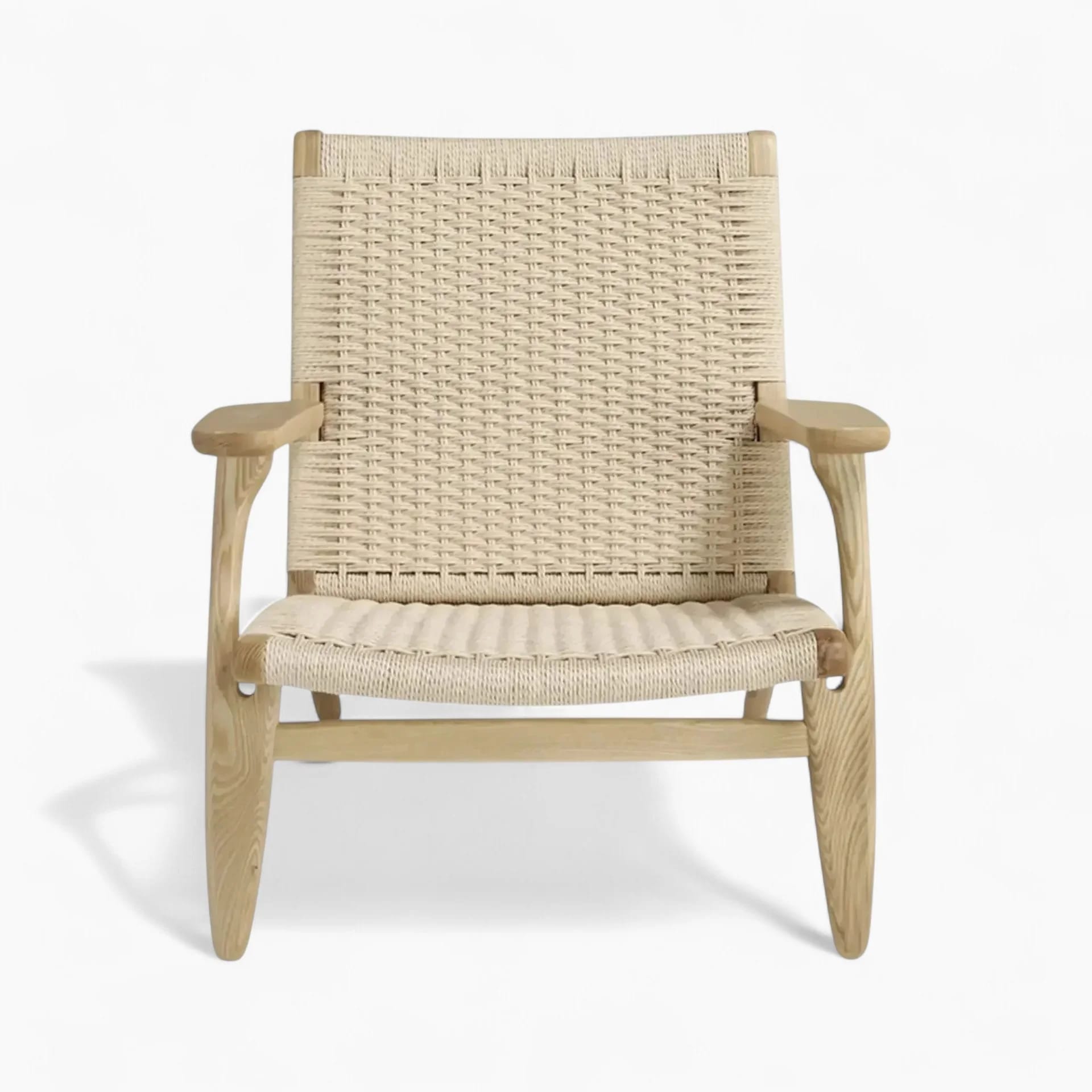 Woven chair with natural wood frame on a white background
