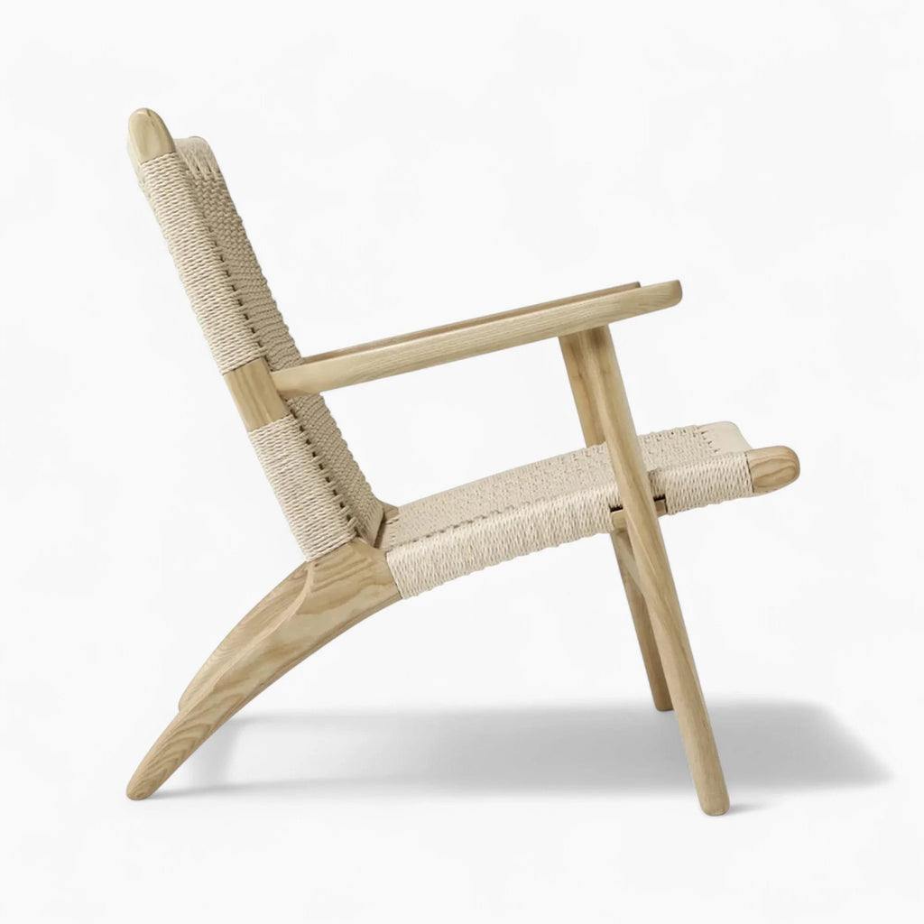 Wooden chair with woven backrest and seat on a white background