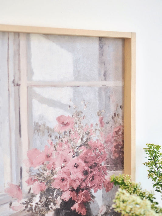 Pink Flowers by Window Framed Print 19x13'