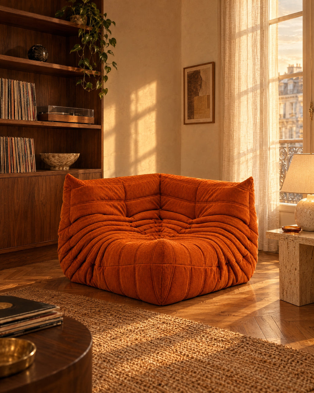 Corner Fireside Corduroy in a retro living room