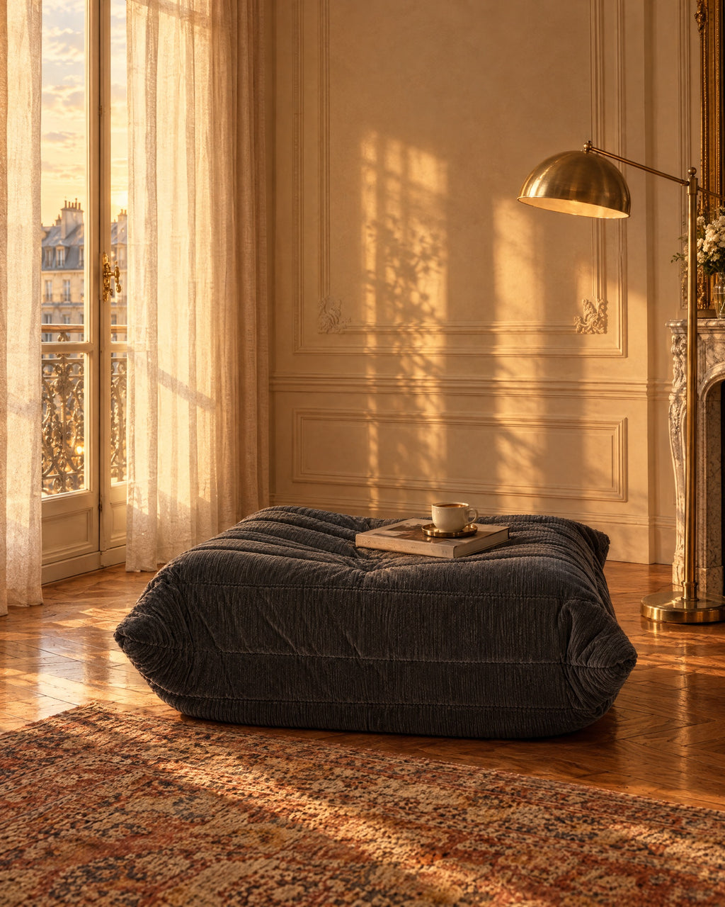 Fireside Ottoman Corduroy in a retro living room