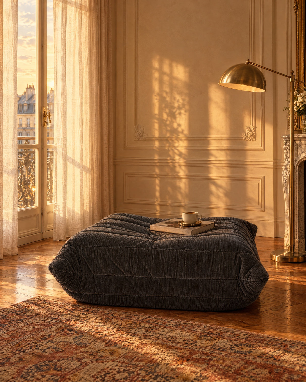 Fireside Ottoman Corduroy in a retro living room
