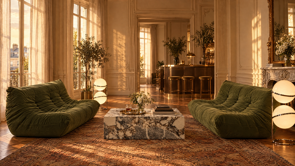 Hotel lounge furnished with olive suede Fireside sofas and a marble Plinth table