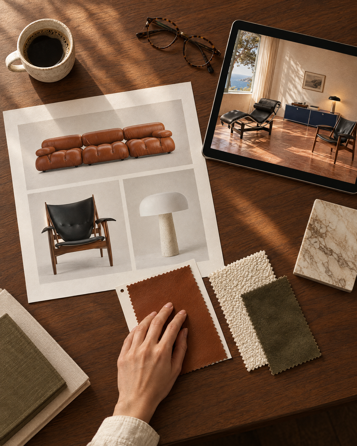 Designer selecting a cognac leather swatch over a moodboard