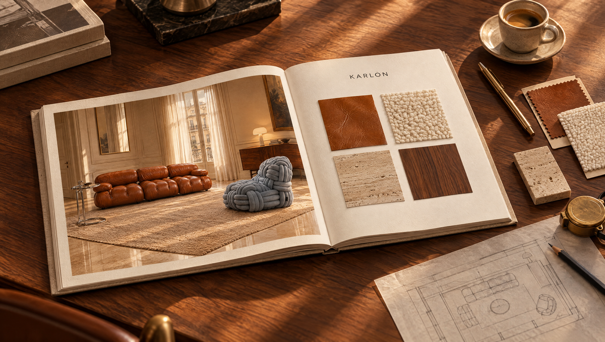 Karlon trade book open on a designer's desk with leather, boucle, travertine and walnut samples